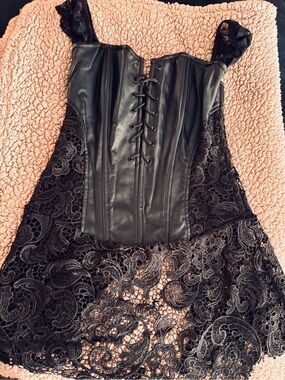 Black Lace and Faux Leather Corset Dress